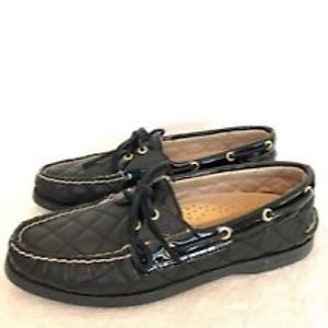 Black Quilted Gold Sherry Sider Boat Loafer Shoes